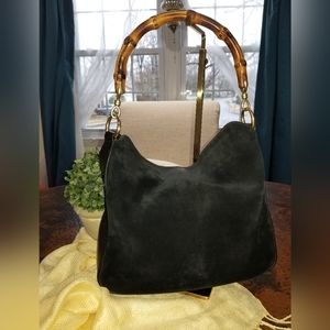 EUC GUCCI Vintage Med Diana Black Suede & Leather Bamboo Handle Shoulder Bag